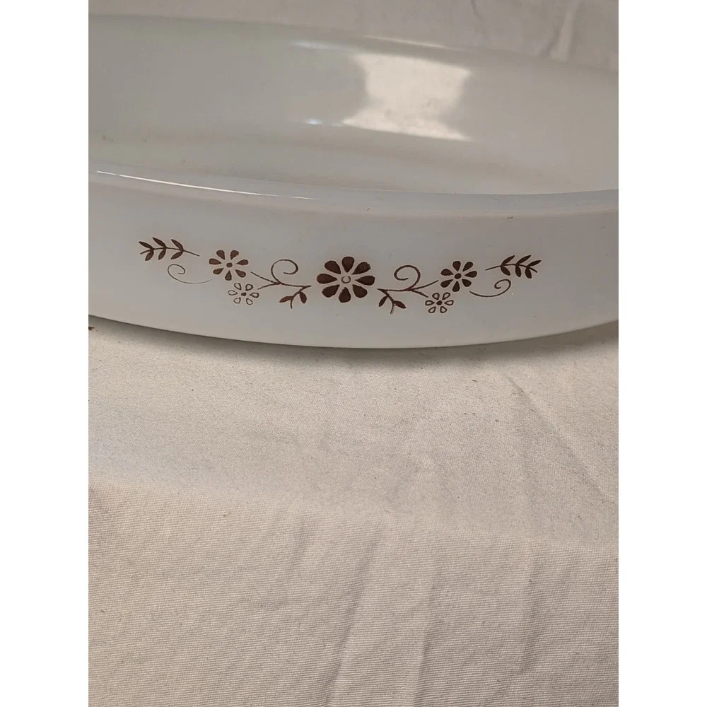 Vintage Dynaware Pyr-O-Rey Milk Glass Oval Baking Dish Brown Floral Pattern
